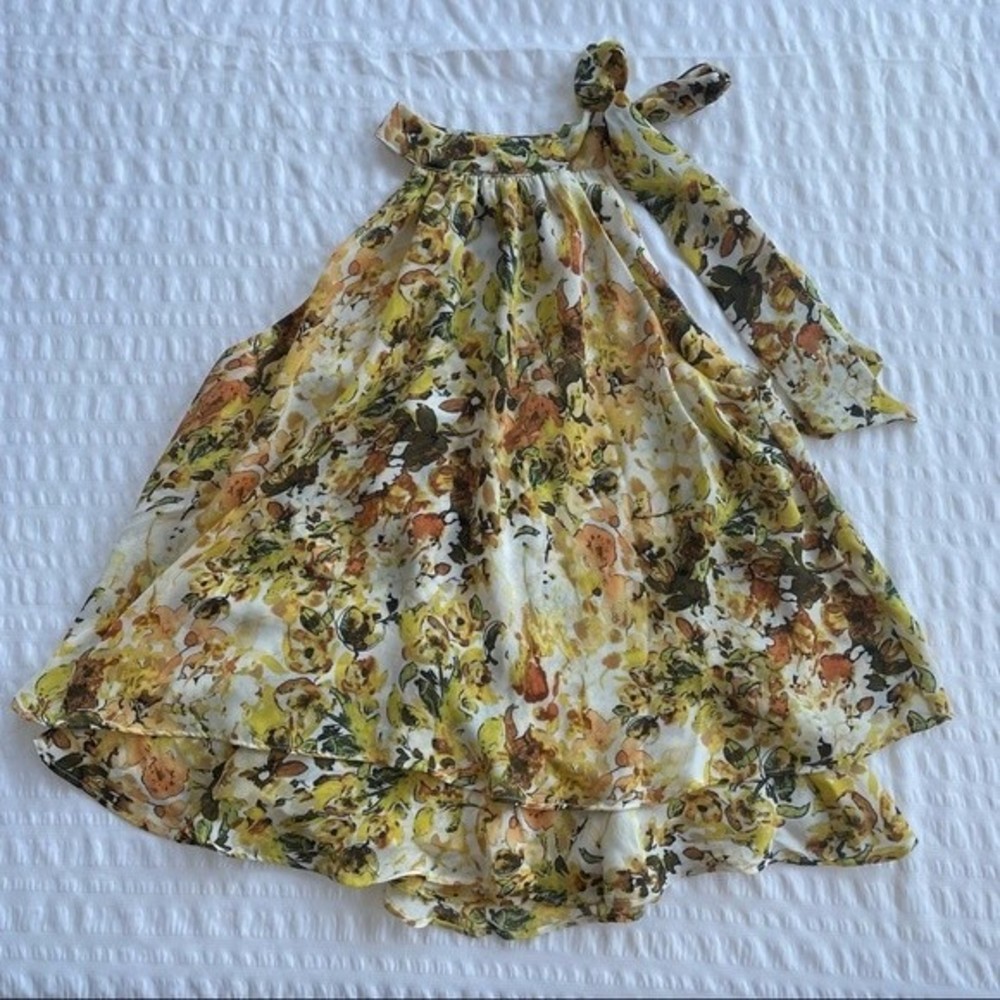 Layered Yellow Floral Halter Tank with Tie Neck